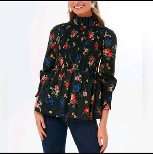 Tuckernuck After Light Amaryllis Rowen FLORAL Black Top Smocked Peplum Size S